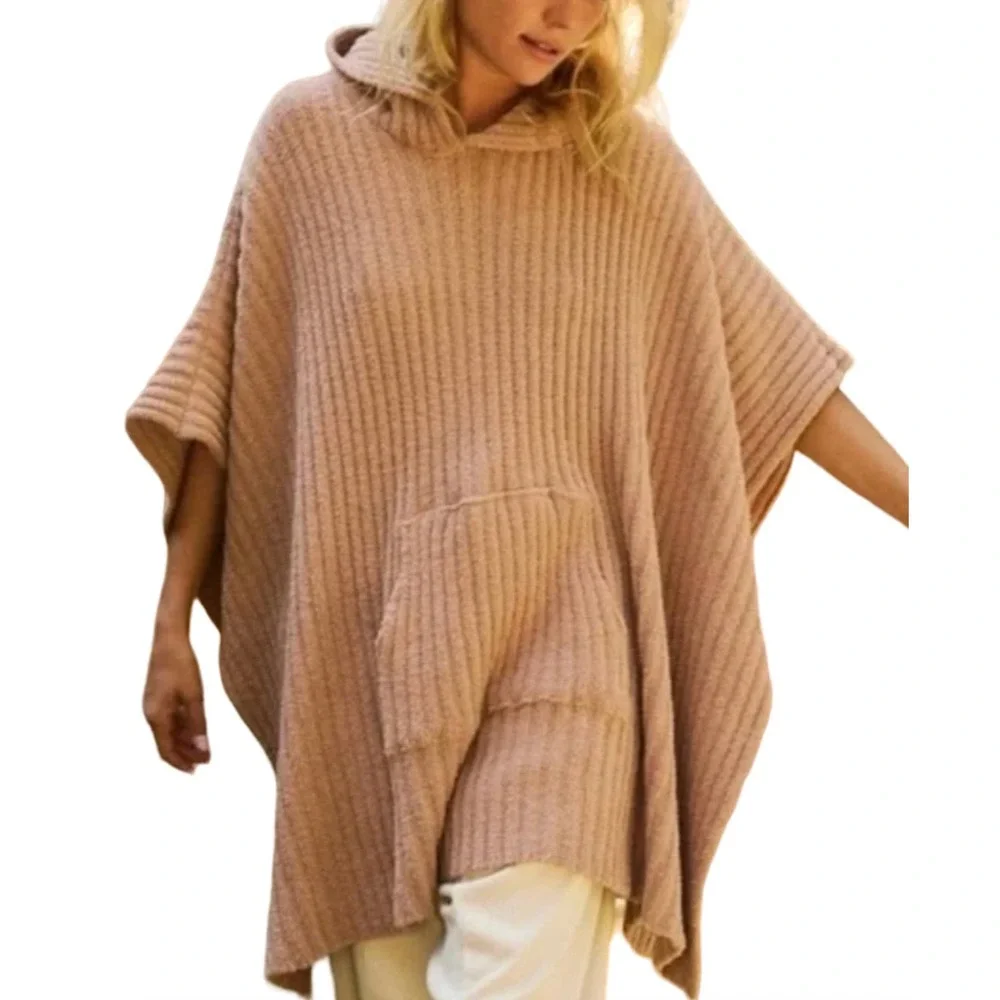 Free People women's one‎ size OS Hooded Knit Poncho Sweater front pocket Beige